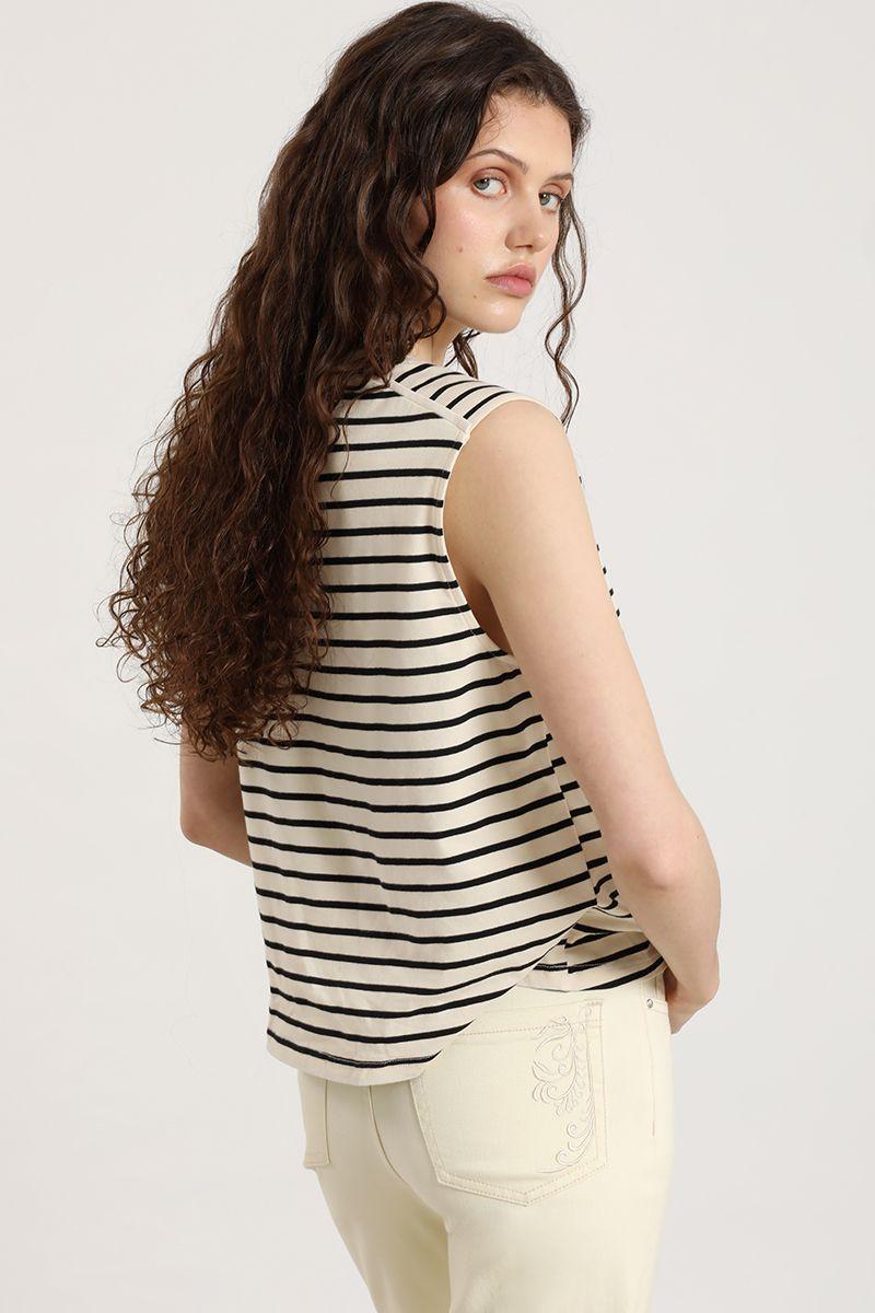 Polera rayas, botones metalicos, beige Liola-3