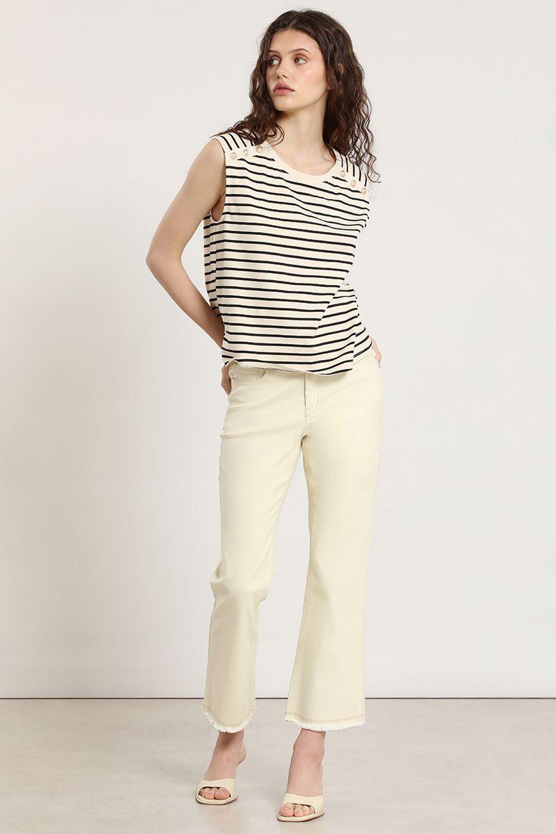 Polera rayas, botones metalicos, beige Liola-4