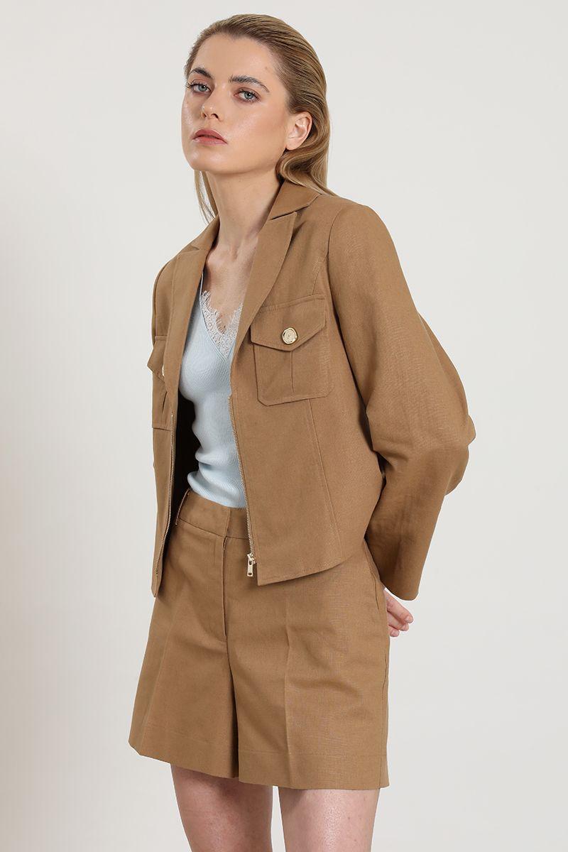 Chaqueta cropped, lino algodon, camel Liola-0