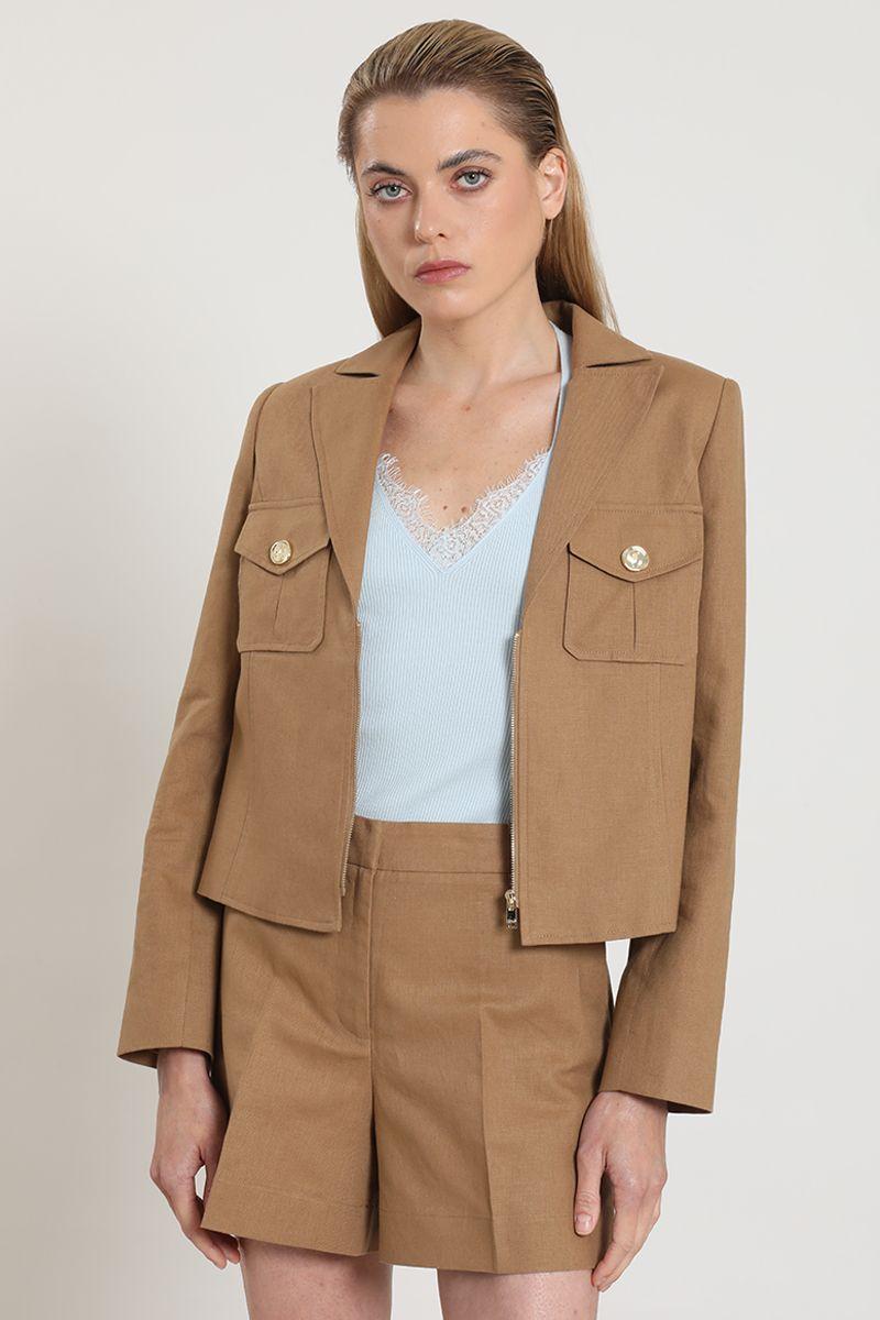 Chaqueta cropped, lino algodon, camel Liola-3