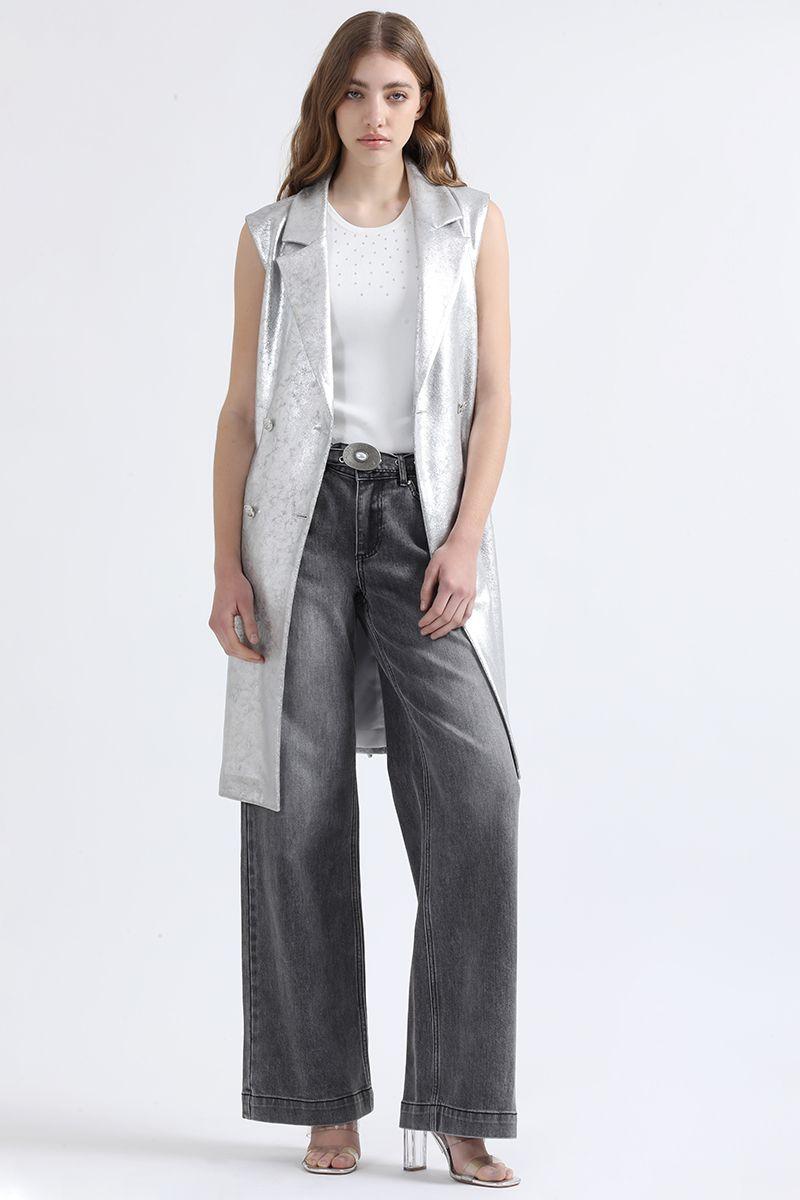 Chaqueta Larga Efecto Gamuza Metalizada, Plateado Liola-2