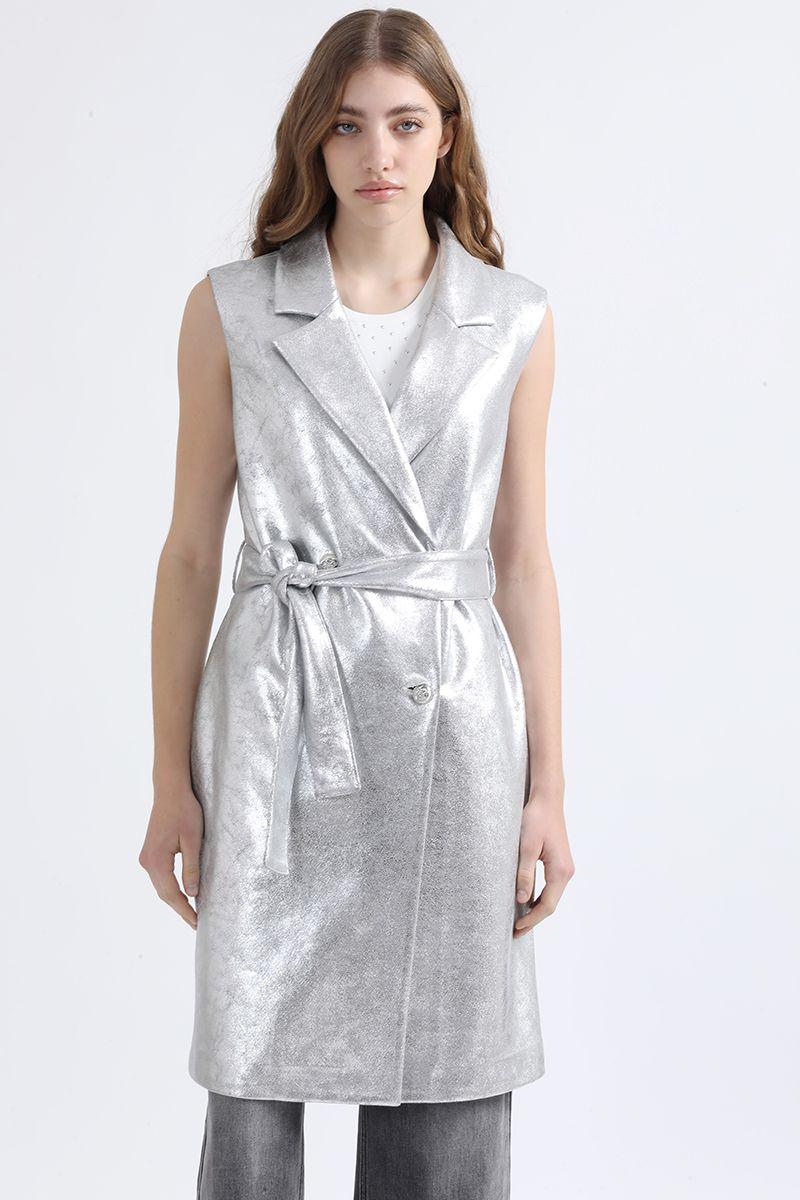 Chaqueta Larga Efecto Gamuza Metalizada, Plateado Liola-5