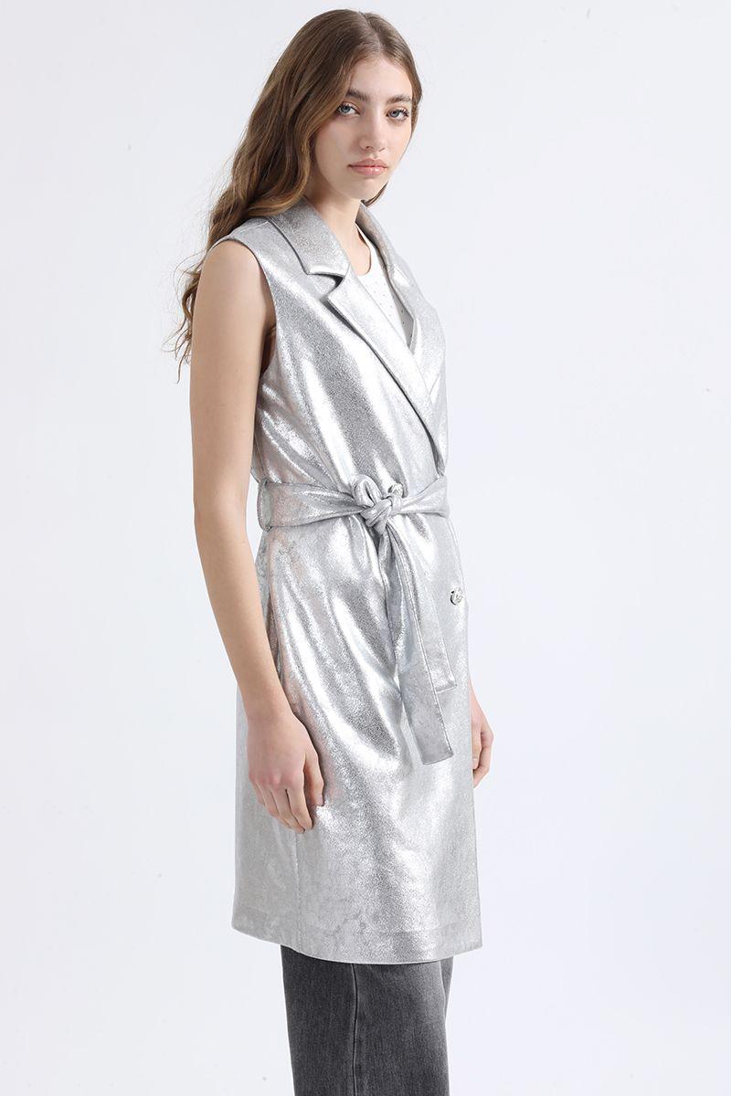 Chaqueta Larga Efecto Gamuza Metalizada, Plateado Liola-6