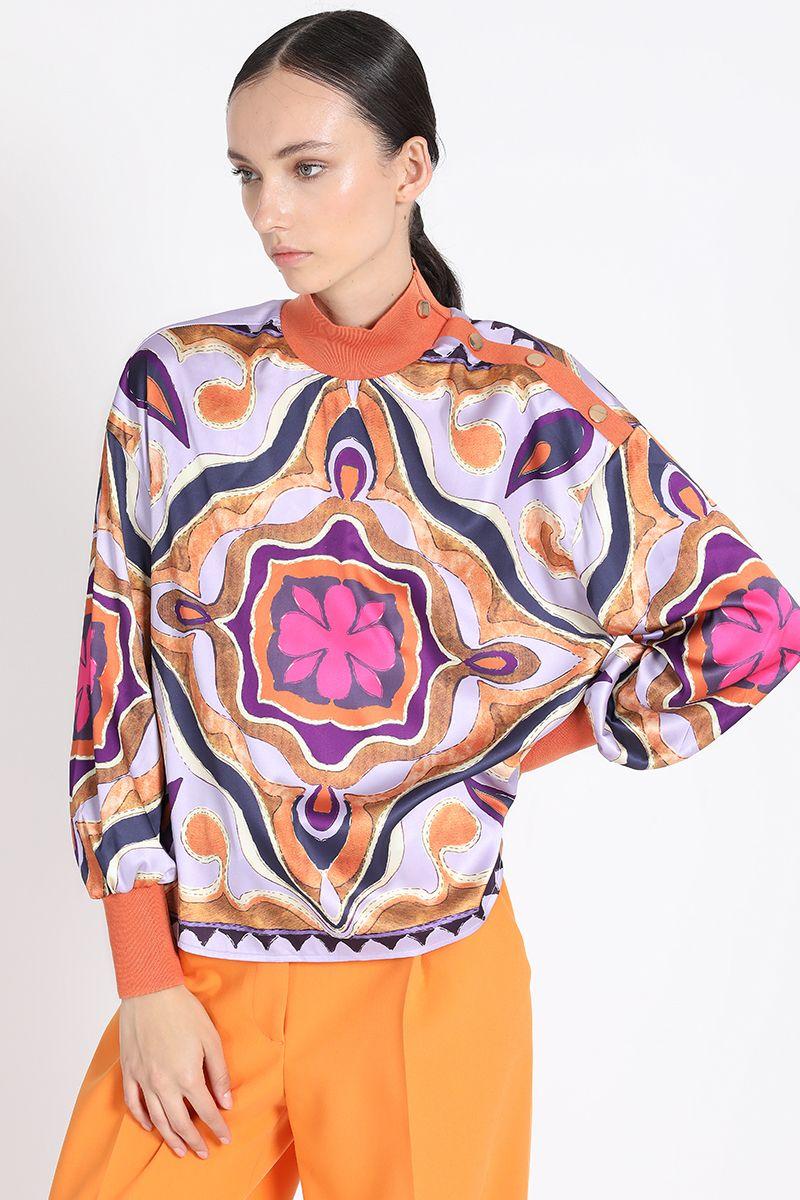 Blusa Cerrada Satin Estampado, Naranjo Liola-3