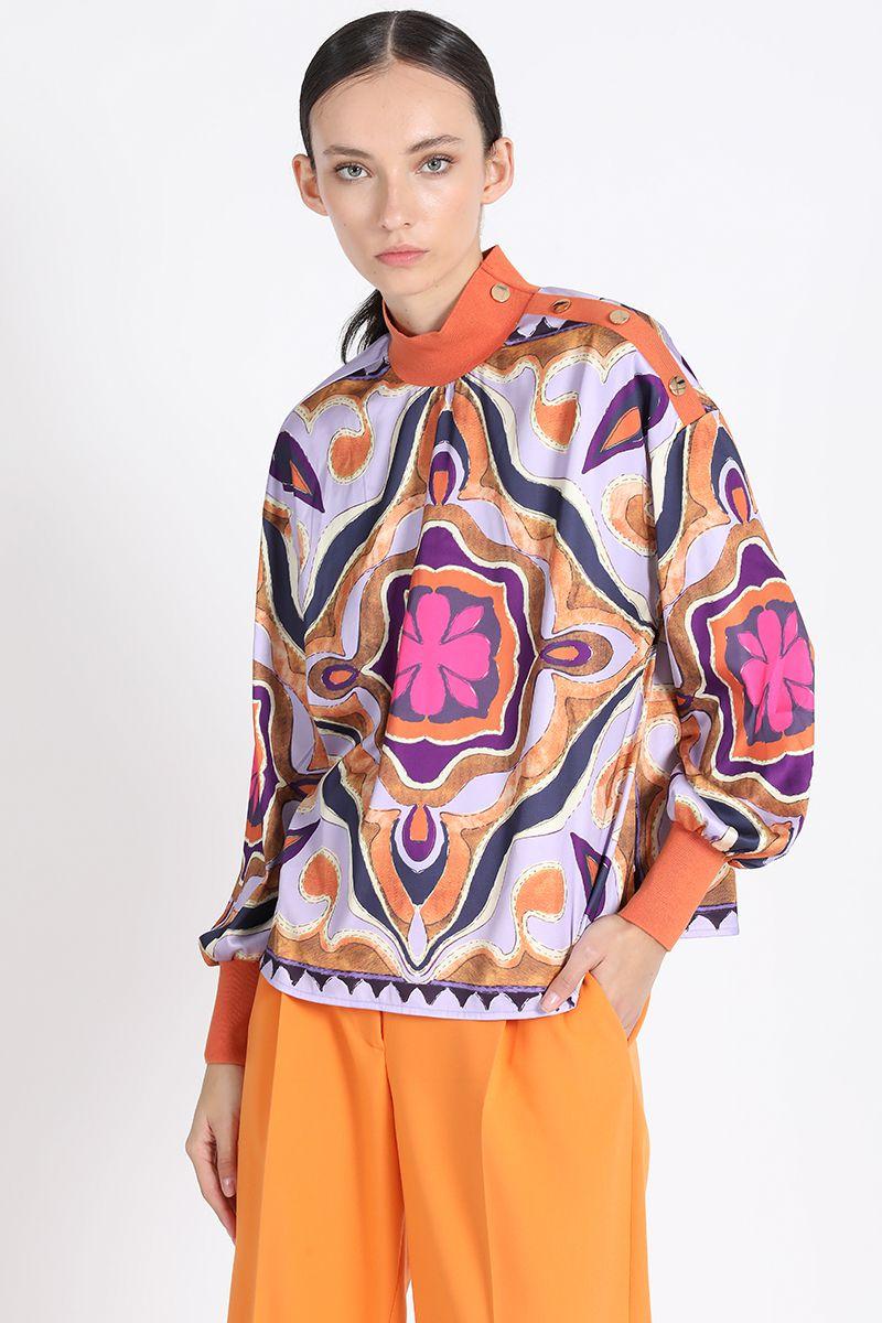 Blusa Cerrada Satin Estampado, Naranjo Liola-4