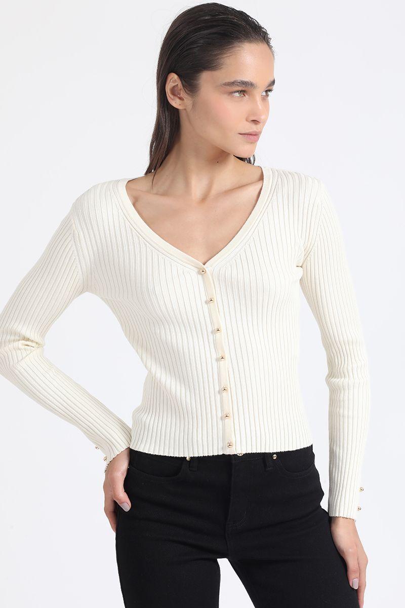 Cardigan Tejido Punto Boton Fantasia, Crudo Liola-0