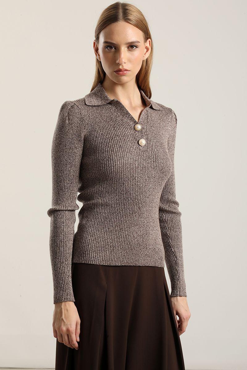 Jersey punto, boton perla, cafe Liola-5