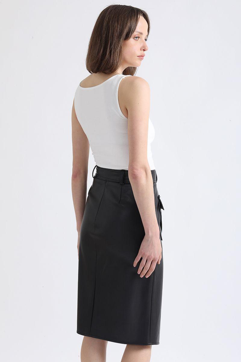 Falda Midi Asimetrica, Simil Cuero, Negro Liola-3