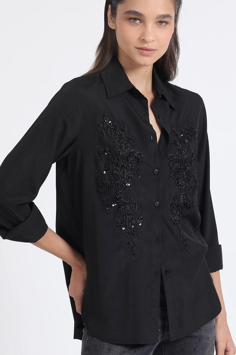 Blusa Aplicación Bordado, Negro Liola-0
