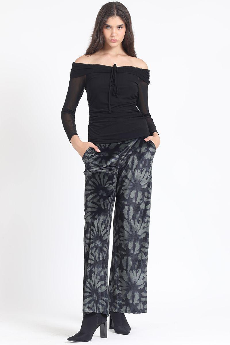 Pantalon Ancho, Tiro Alto, Estampado, Verde Liola-1
