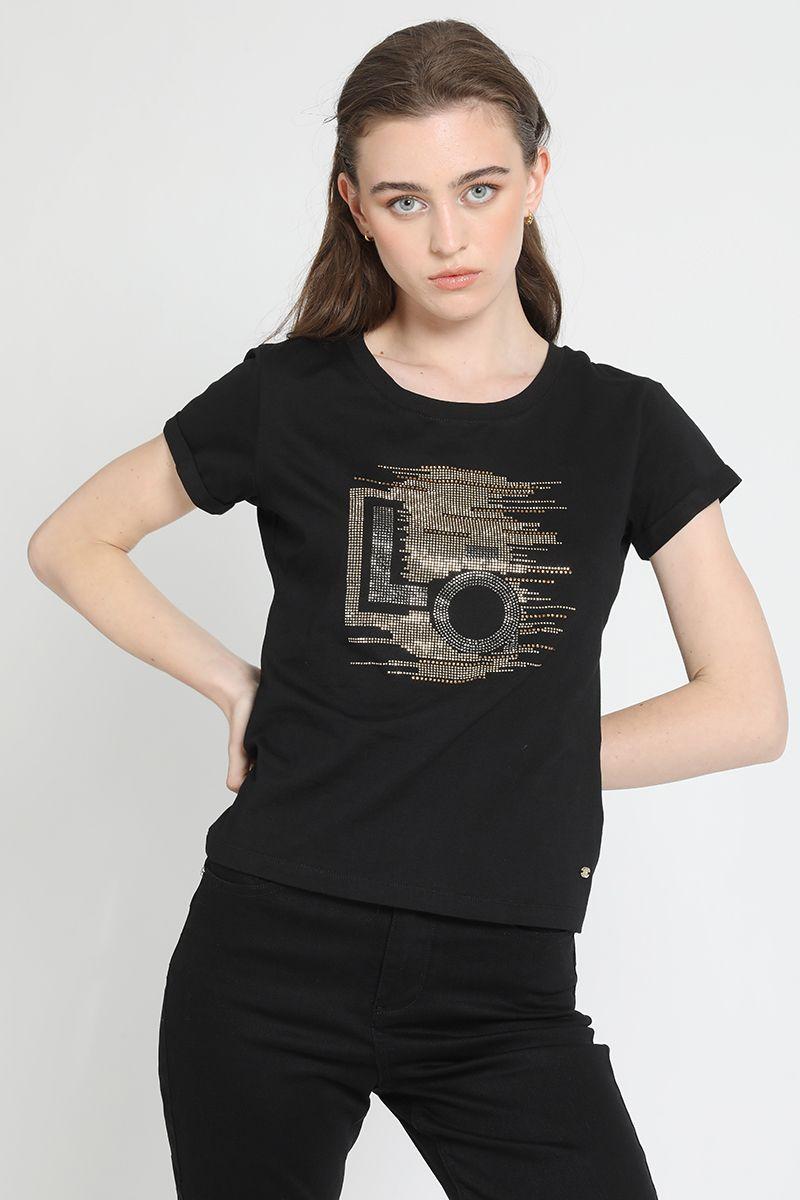 Polera Algodón Spandex Brillos, Negro Liola-1