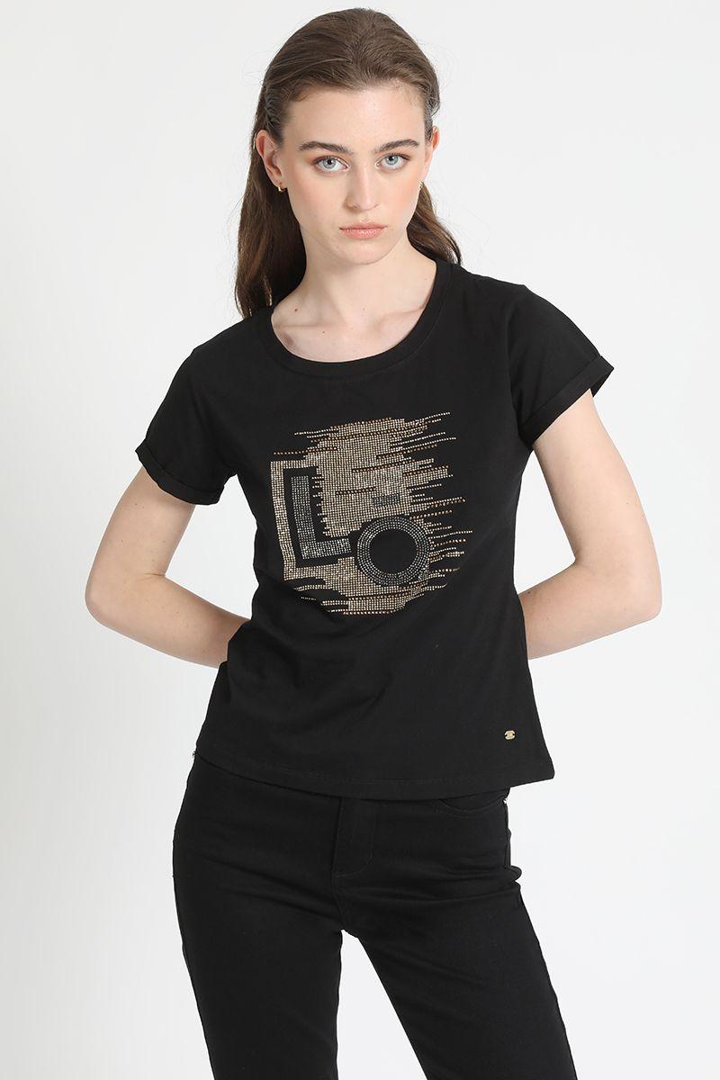 Polera Algodón Spandex Brillos, Negro Liola-2