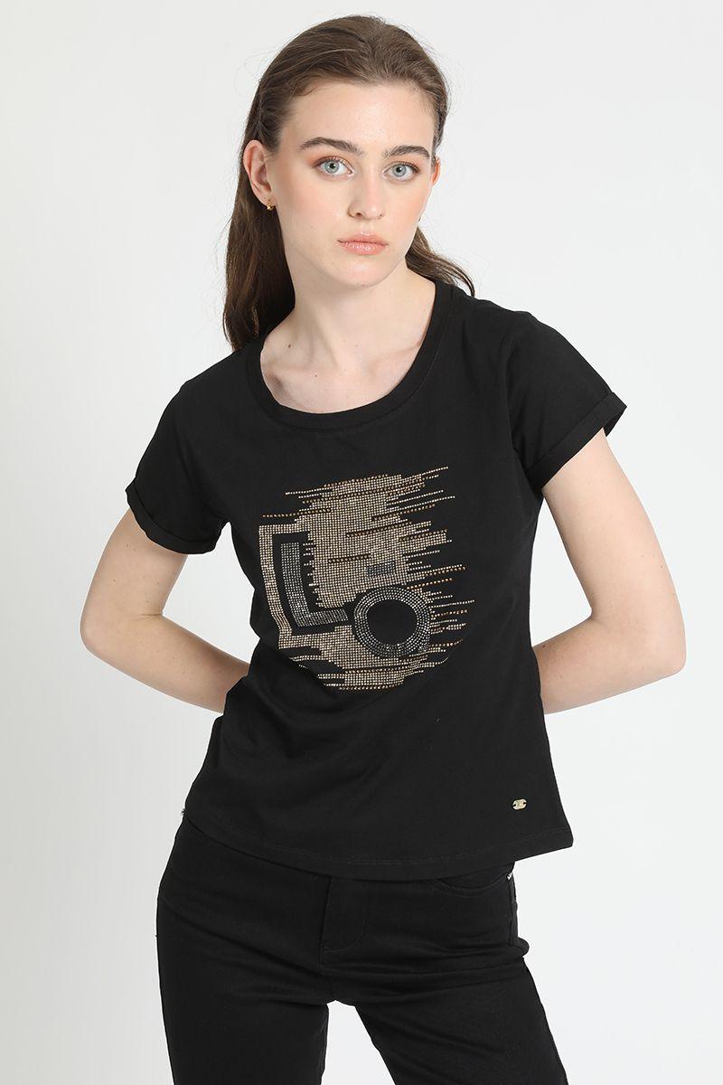 Polera Algodón Spandex Brillos, Negro Liola-4