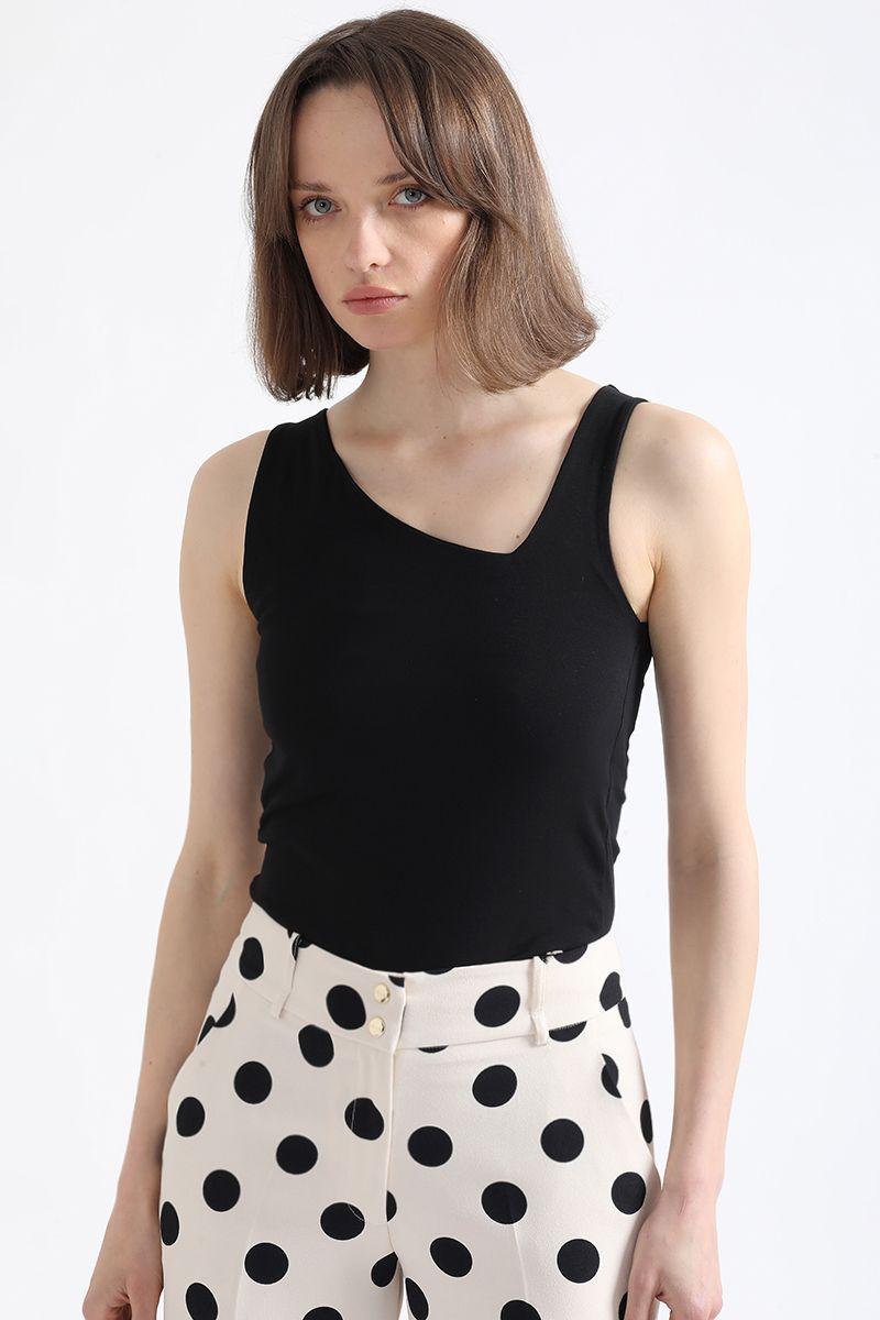 Polera Algodón Spandex Escote Asimetrico, Negro Liola-1
