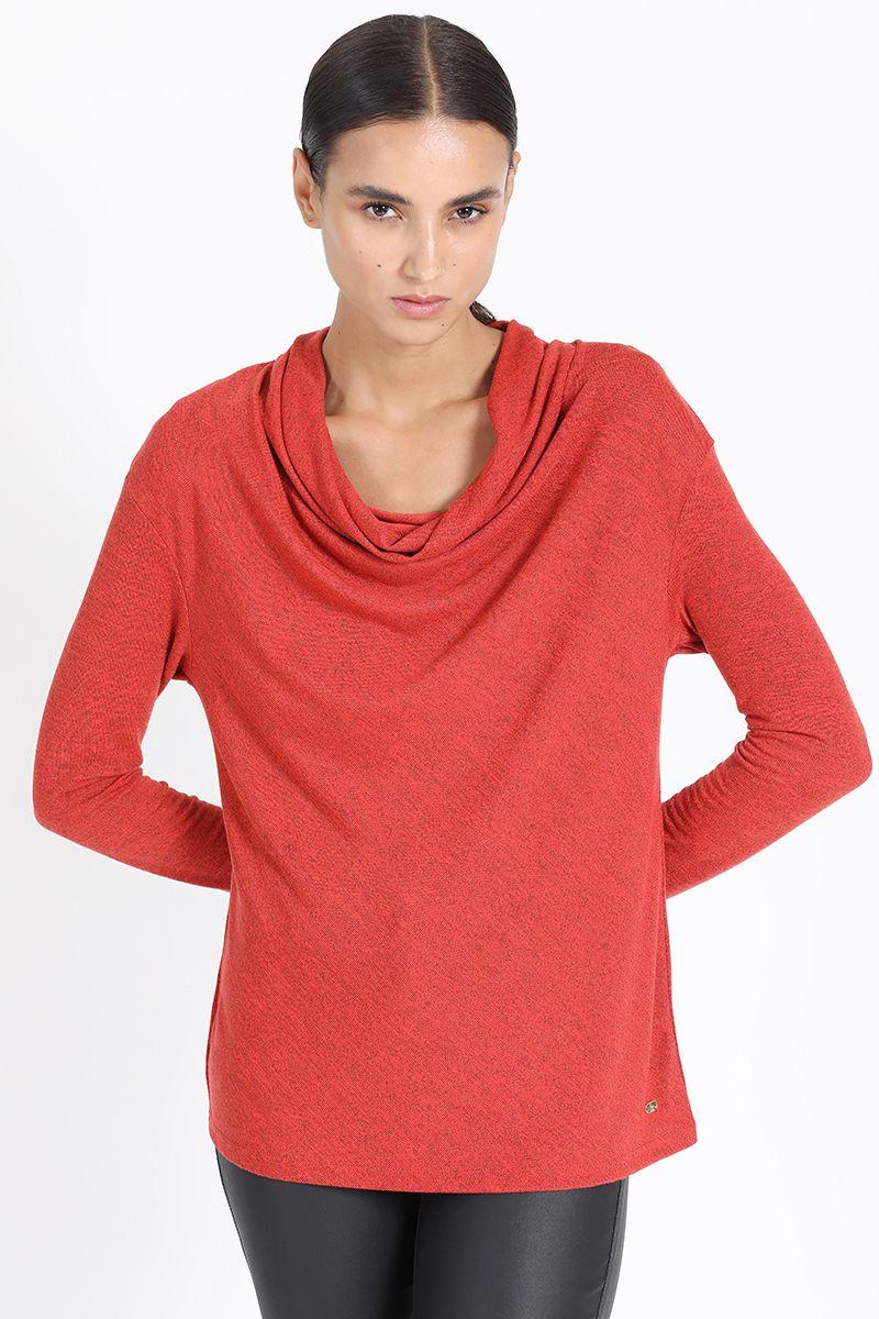 Top Jersey Melange, Cuello Drapeado, Naranjo Liola-0