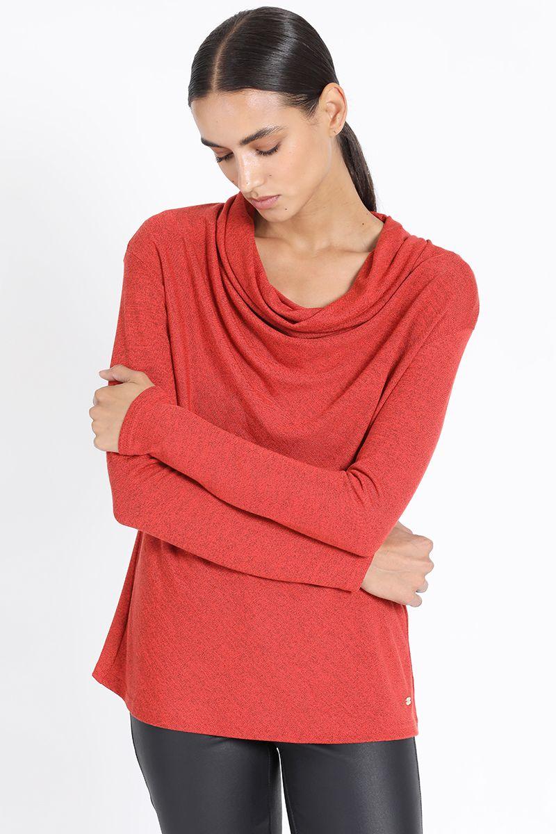 Top Jersey Melange, Cuello Drapeado, Naranjo Liola-4