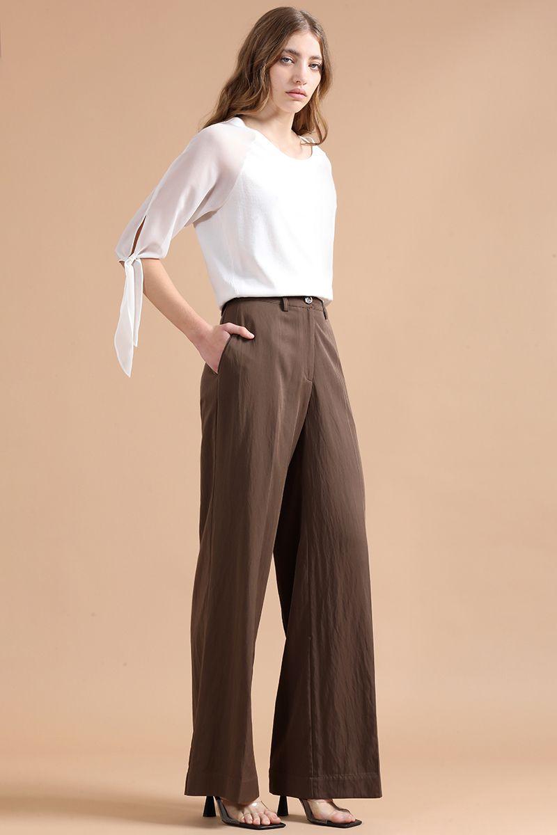 Pantalon Ancho Con Lyocell, Tiro Alto, Café Liola-0