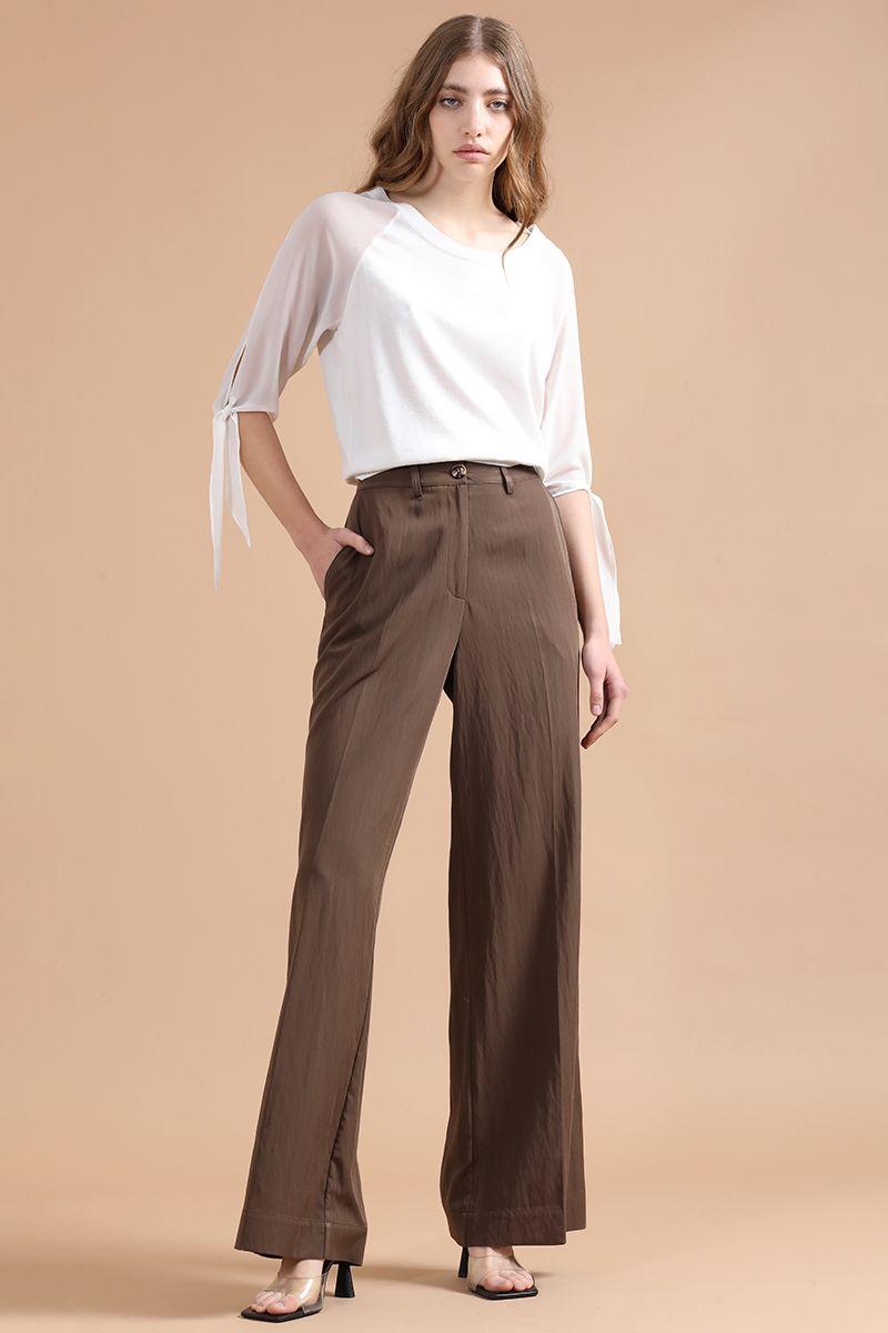 Pantalon Ancho Con Lyocell, Tiro Alto, Café Liola-1