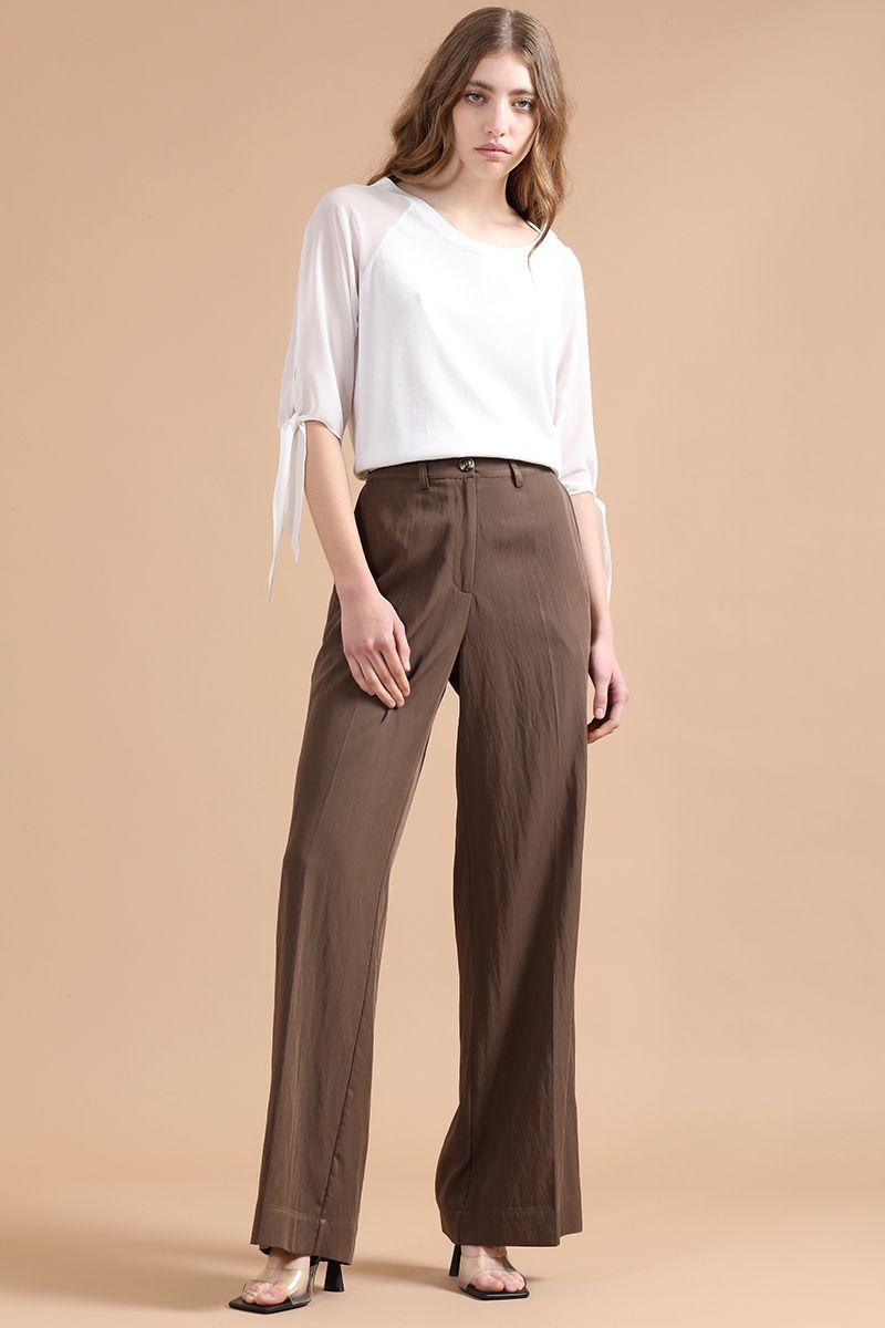 Pantalon Ancho Con Lyocell, Tiro Alto, Café Liola-2