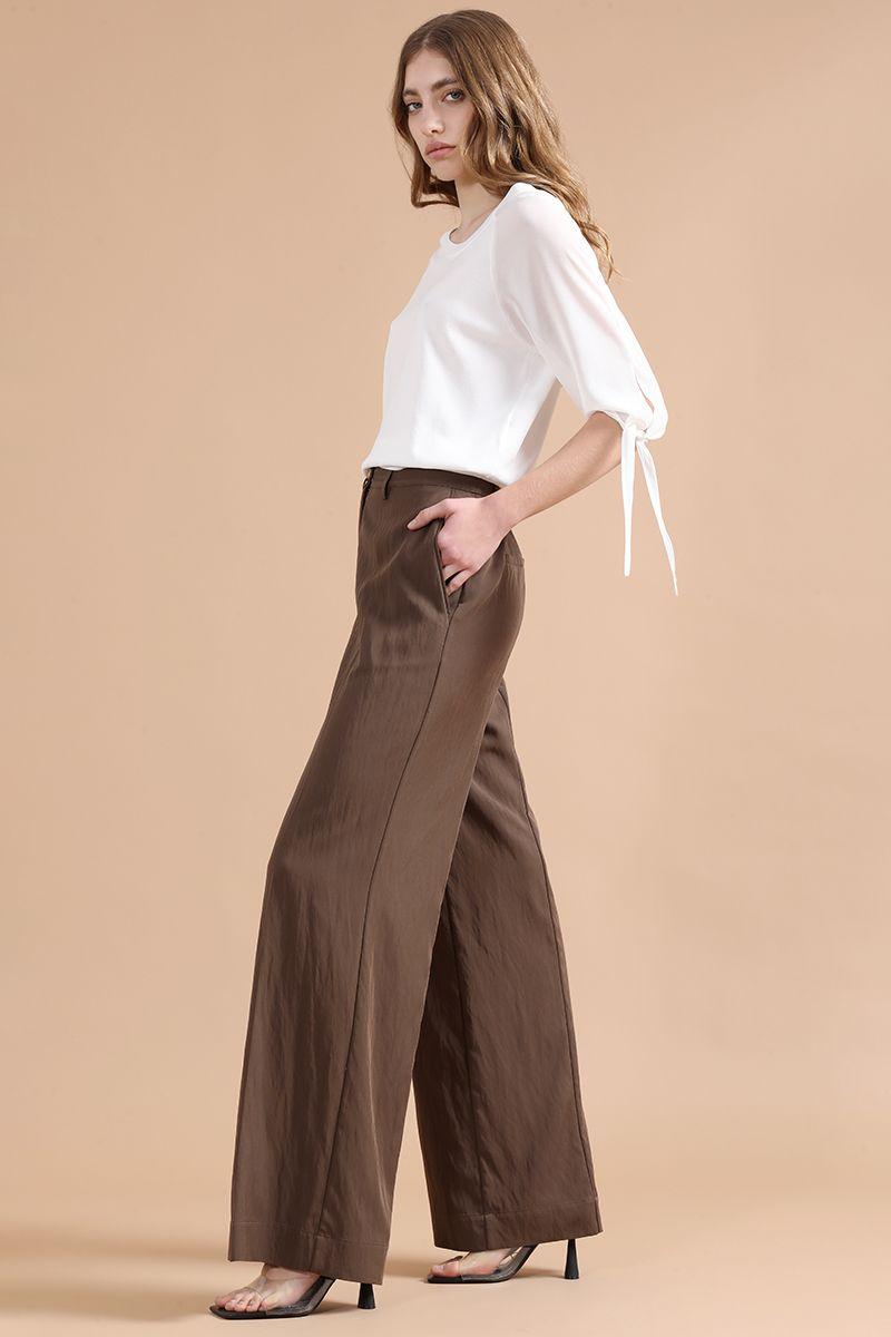 Pantalon Ancho Con Lyocell, Tiro Alto, Café Liola-3