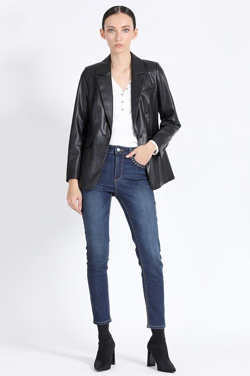 Jeans Skinny Push Up Tiro Medio, Con Bordado, Azul Liola-0