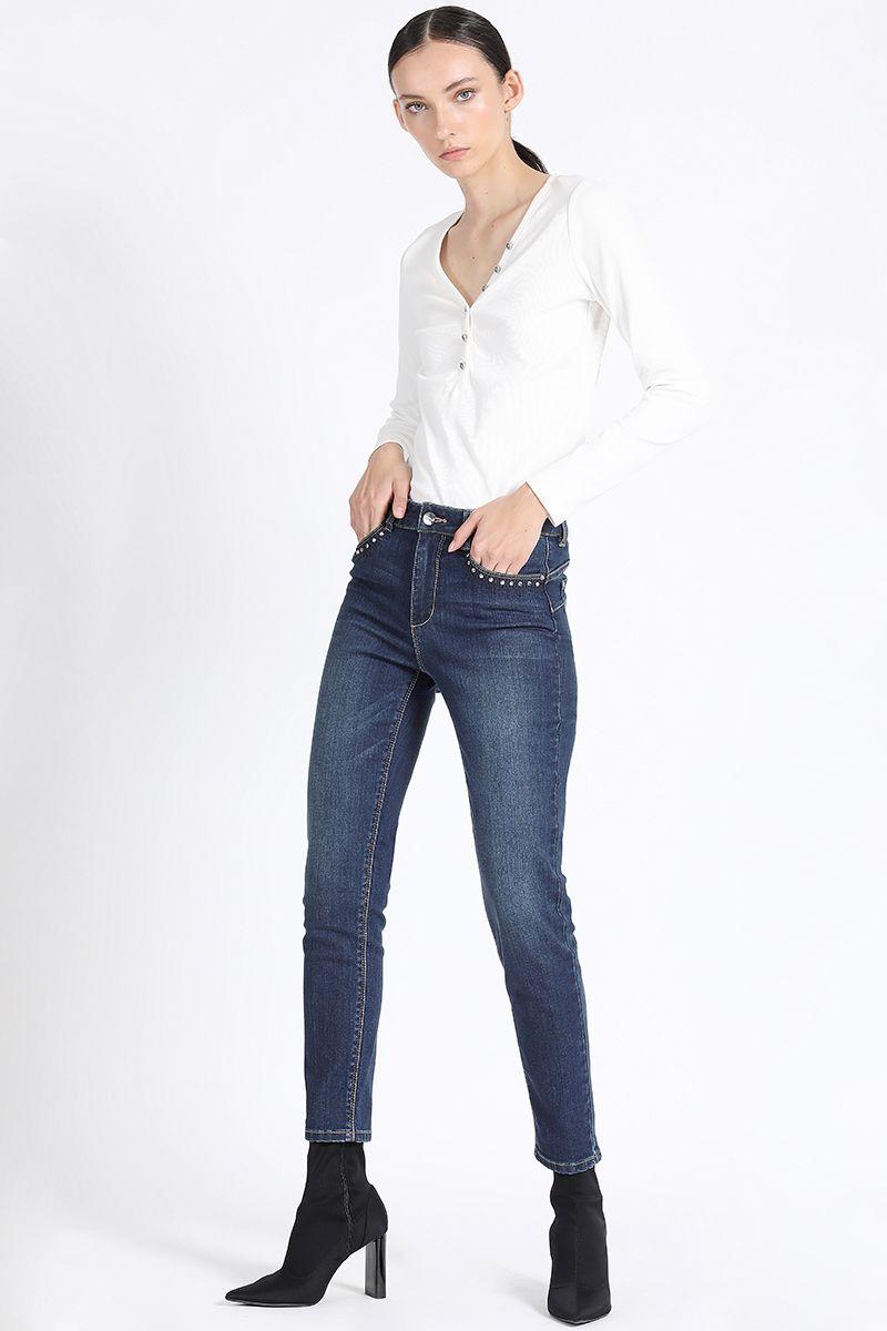 Jeans Skinny Push Up Tiro Medio, Con Bordado, Azul Liola-1