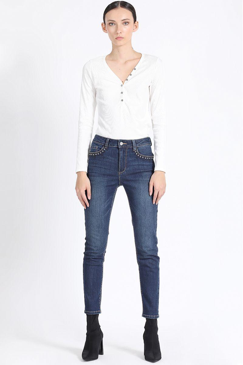 Jeans Skinny Push Up Tiro Medio, Con Bordado, Azul Liola-2