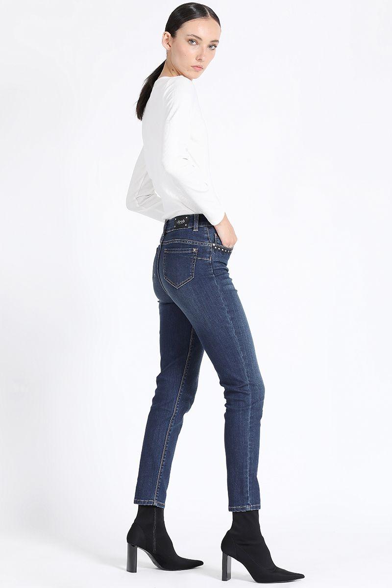 Jeans Skinny Push Up Tiro Medio, Con Bordado, Azul Liola-3