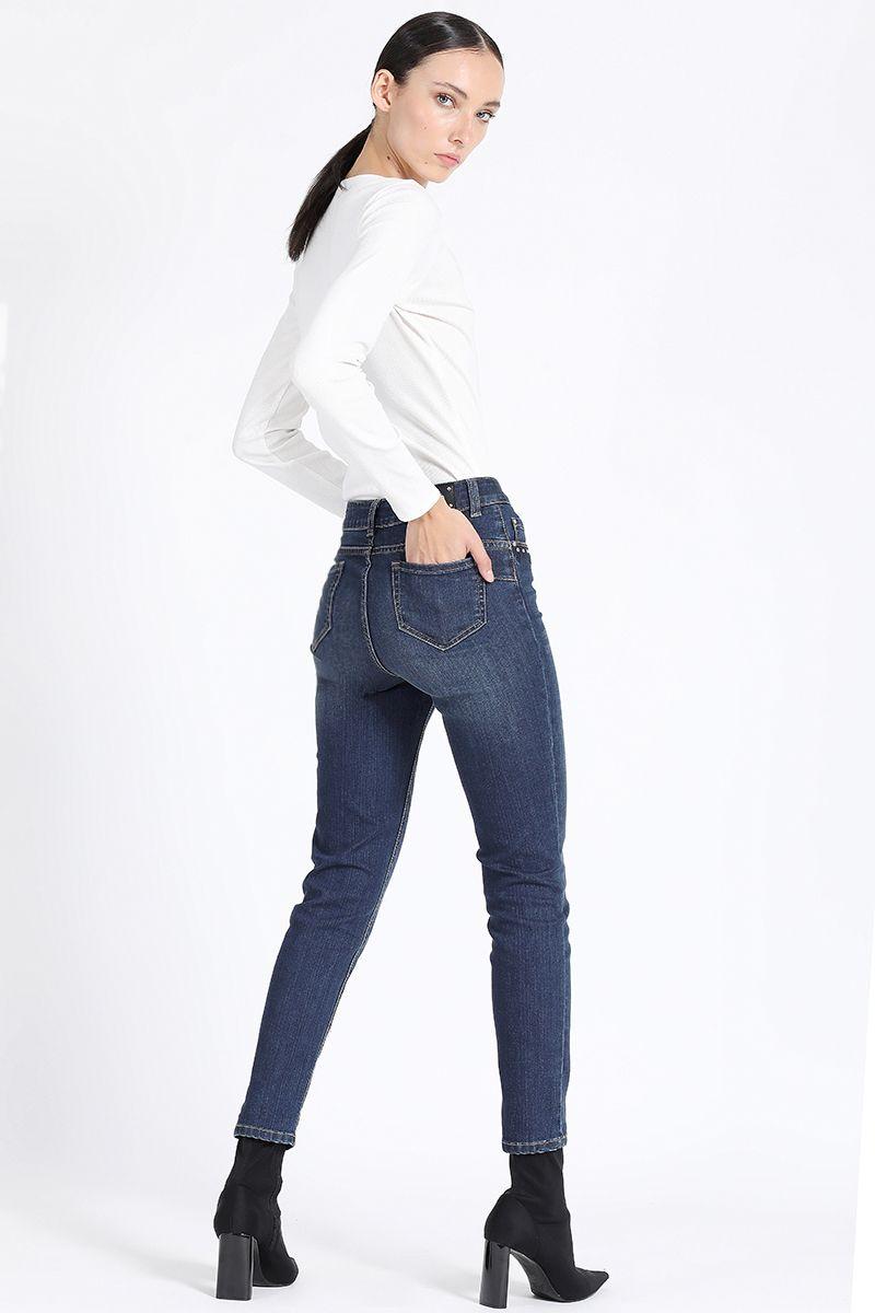 Jeans Skinny Push Up Tiro Medio, Con Bordado, Azul Liola-4