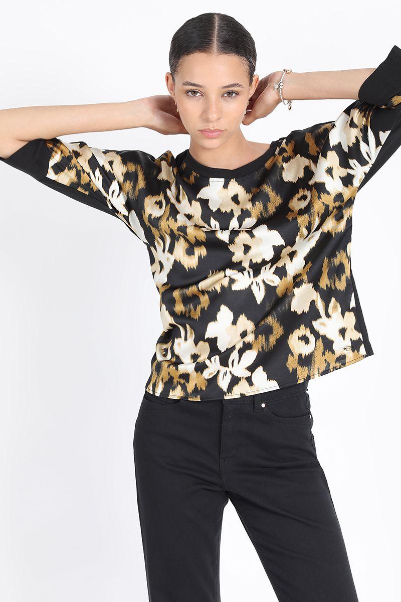 Polera Satin Mix Estampada Cafe Liola-1