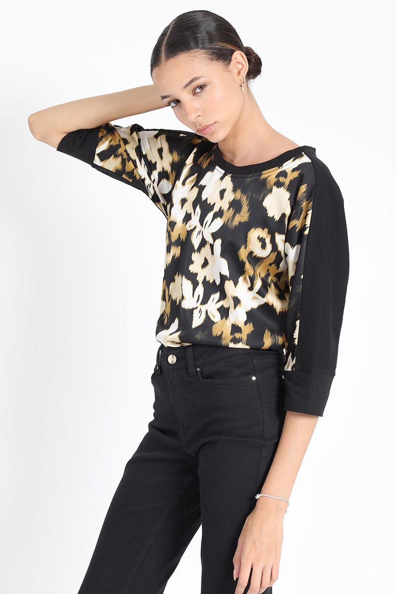 Polera Satin Mix Estampada Cafe Liola-4