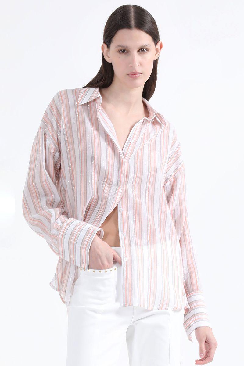 Camisa Listada Fantasia Hilo Metalizado, Naranjo Liola-2