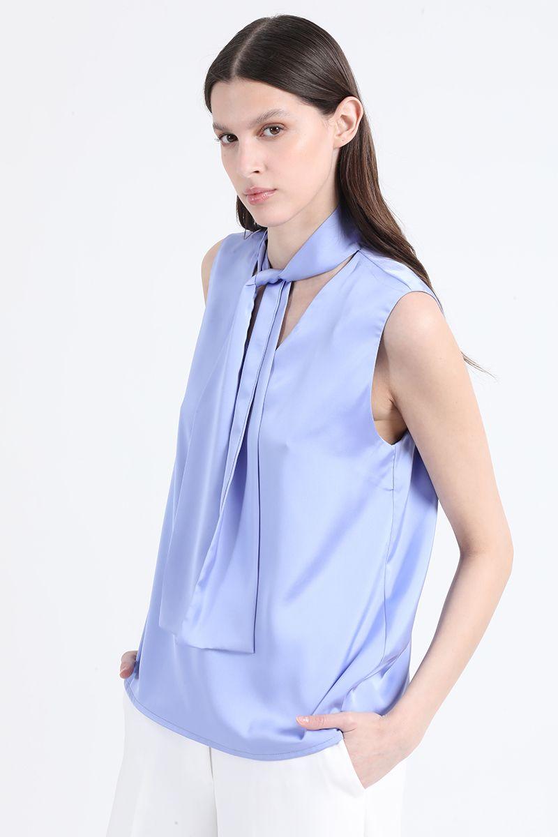 Blusa Satin Lazada En Cuello, Azul, Colección Italia Liola-0
