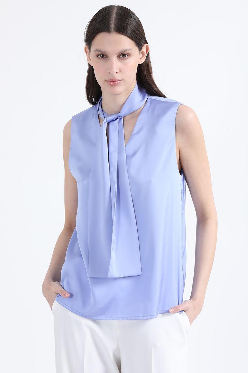 Blusa Satin Lazada En Cuello, Azul, Colección Italia Liola-2