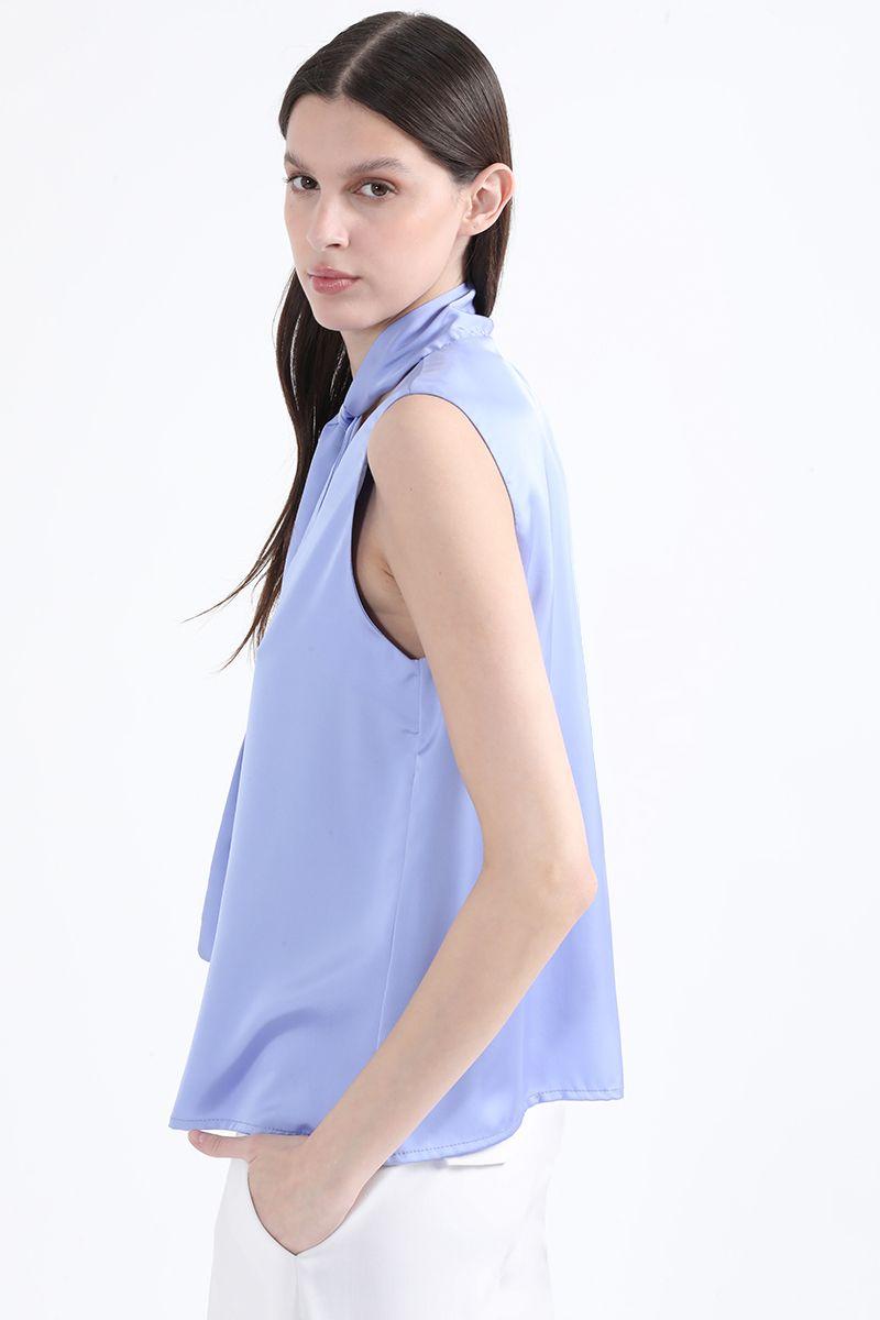 Blusa Satin Lazada En Cuello, Azul, Colección Italia Liola-3