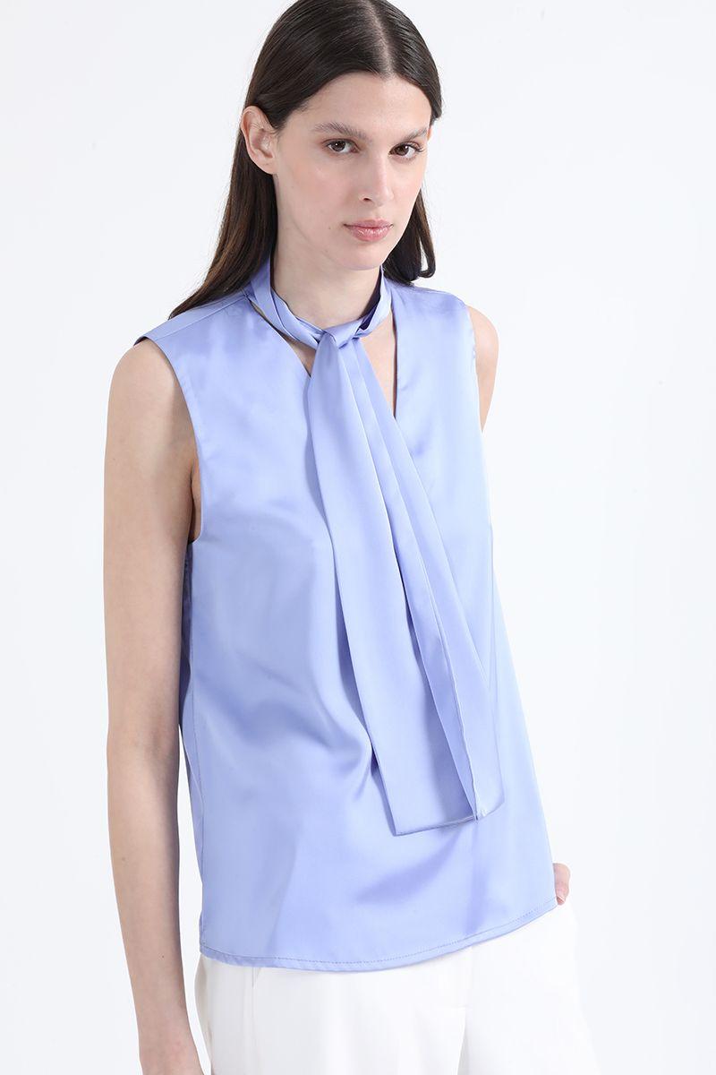 Blusa Satin Lazada En Cuello, Azul, Colección Italia Liola-4
