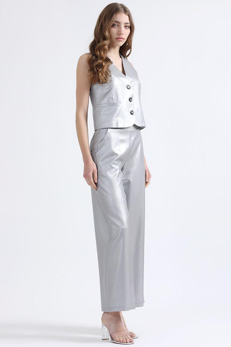 Pantalon Ancho Metalizado, Tiro Alto, Plateado, Liola-0