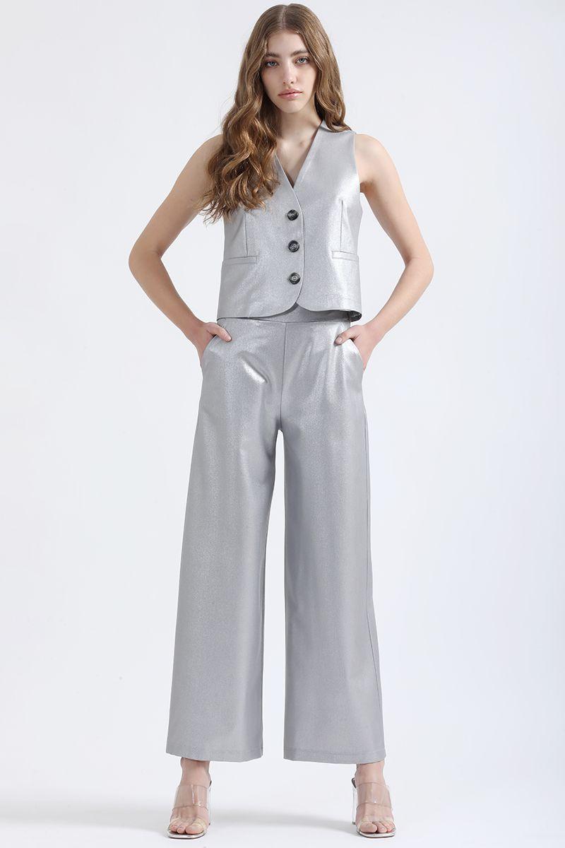 Pantalon Ancho Metalizado, Tiro Alto, Plateado, Liola-1