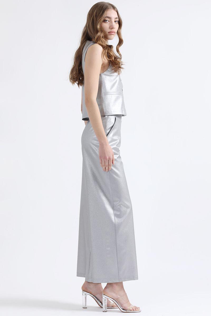 Pantalon Ancho Metalizado, Tiro Alto, Plateado, Liola-2