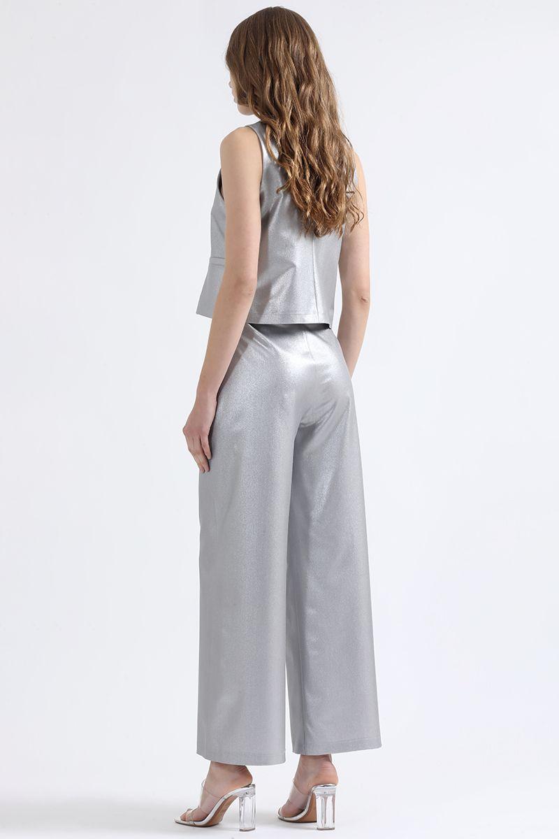 Pantalon Ancho Metalizado, Tiro Alto, Plateado, Liola-3