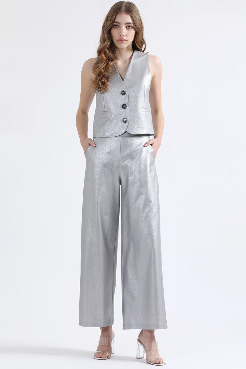 Pantalon Ancho Metalizado, Tiro Alto, Plateado, Liola-4