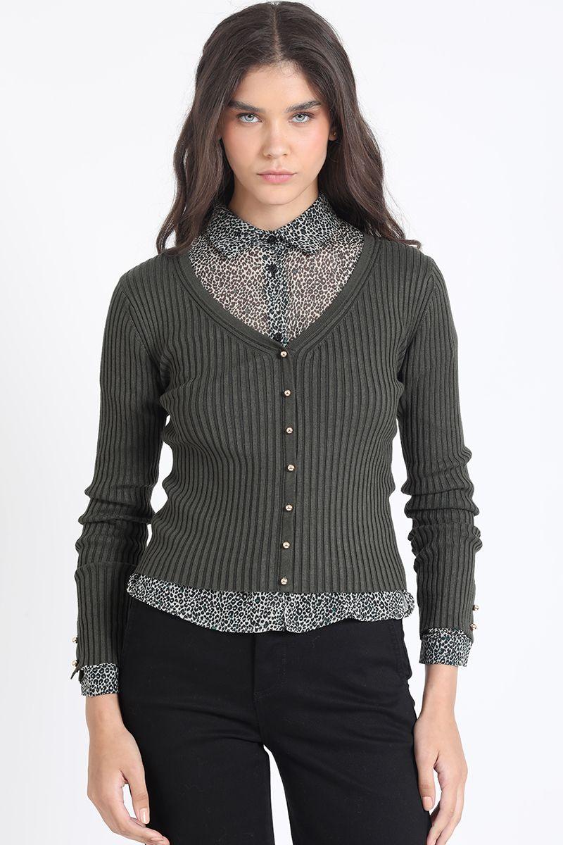 Cardigan Tejido Punto Boton Fantasia, Militar Liola-0