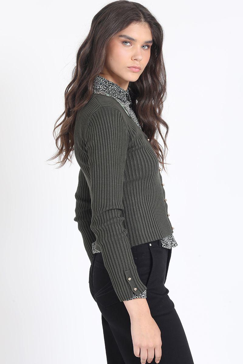 Cardigan Tejido Punto Boton Fantasia, Militar Liola-2