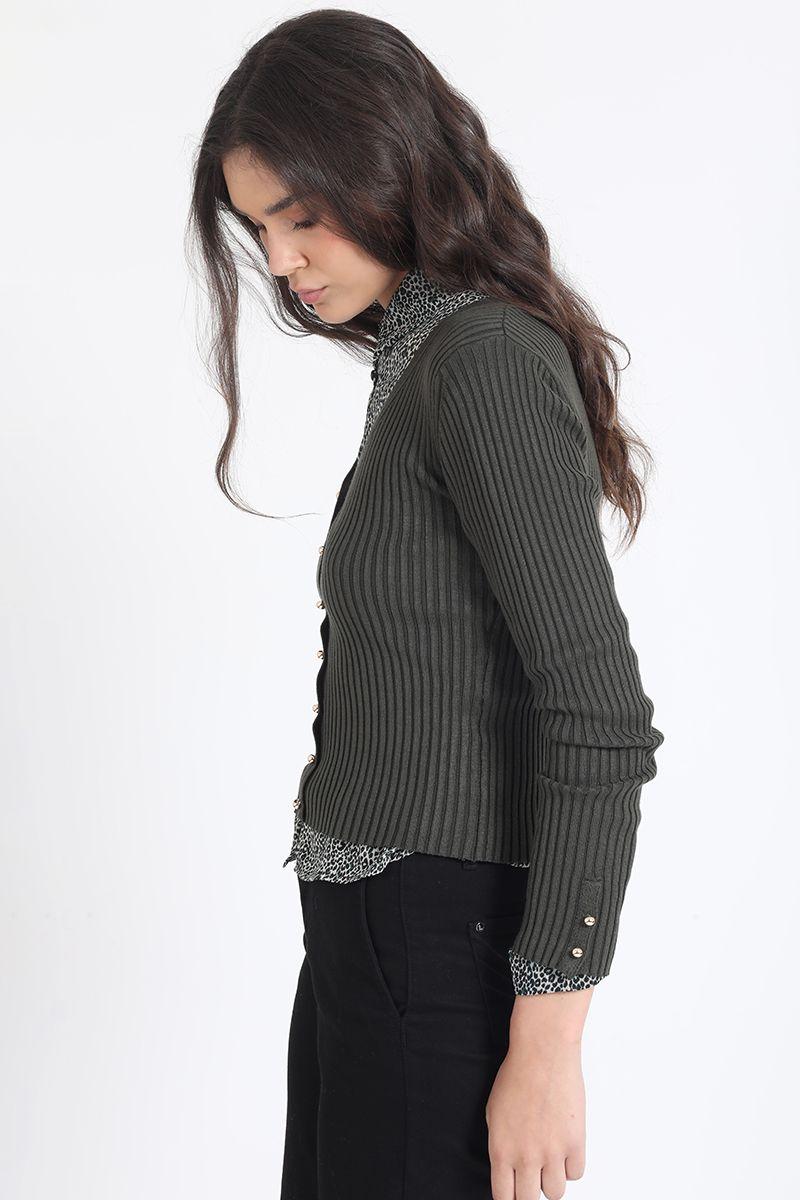 Cardigan Tejido Punto Boton Fantasia, Militar Liola-3