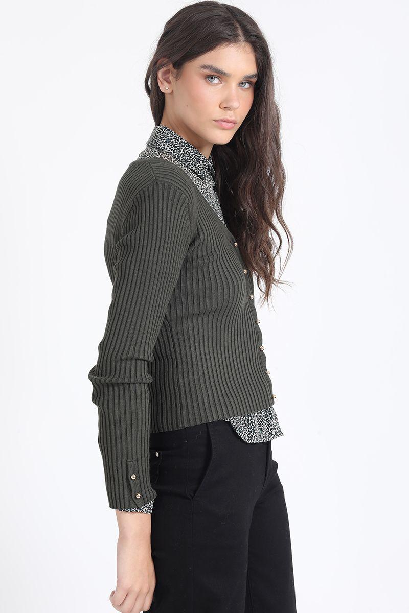 Cardigan Tejido Punto Boton Fantasia, Militar Liola-4