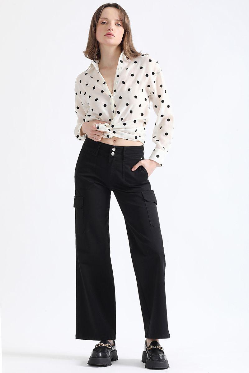 Pantalon Straight Cargo Fit, Tiro Medio, Negro Liola-0