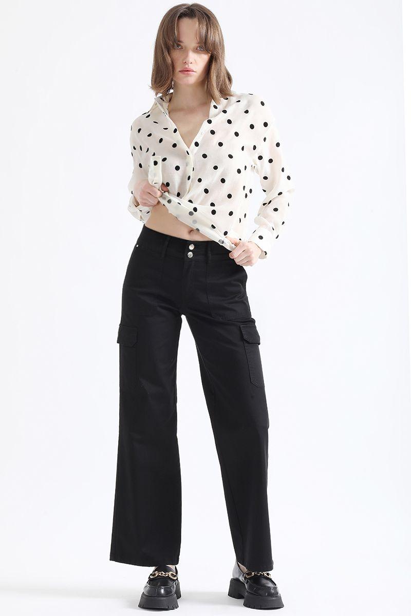 Pantalon Straight Cargo Fit, Tiro Medio, Negro Liola-1