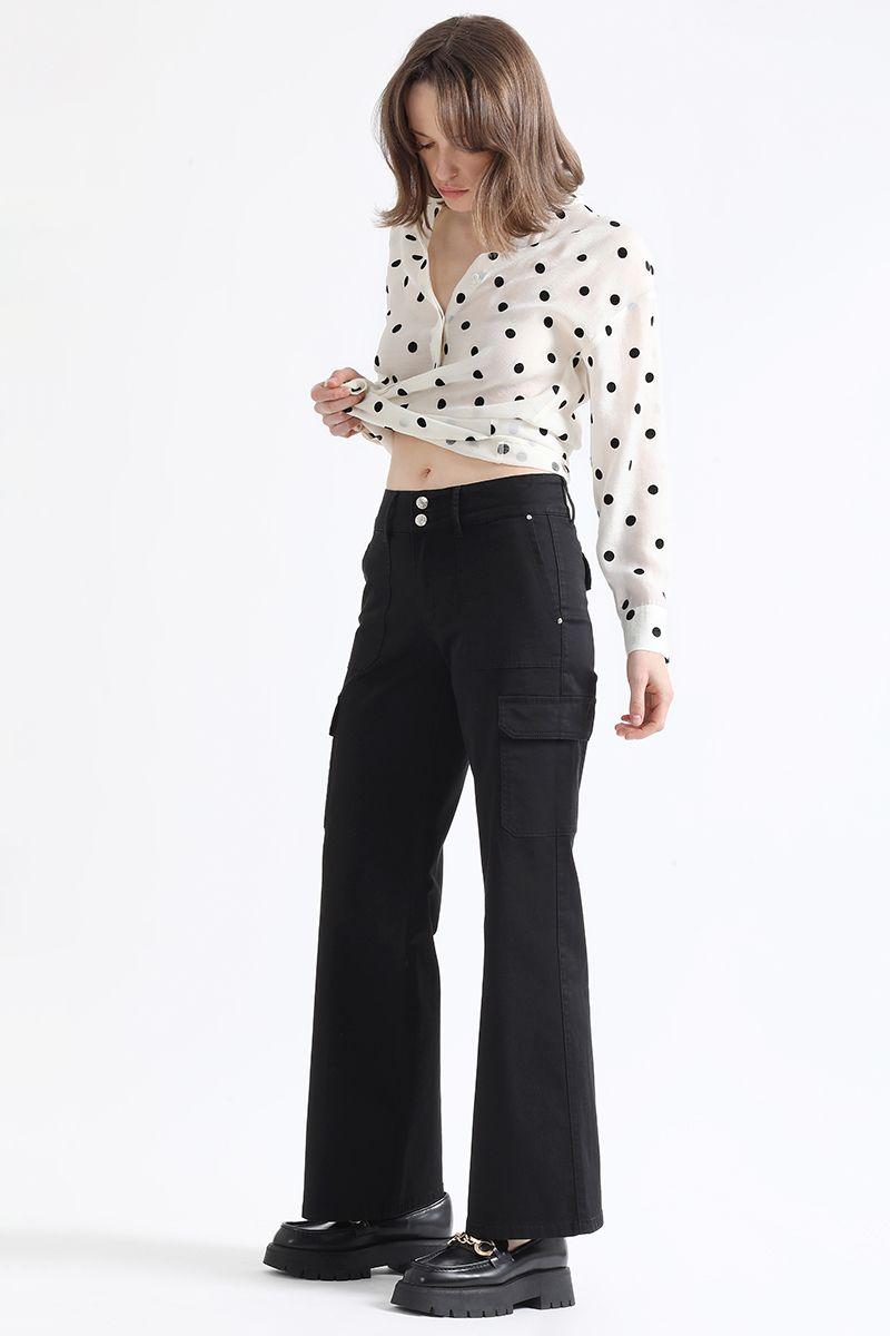 Pantalon Straight Cargo Fit, Tiro Medio, Negro Liola-2