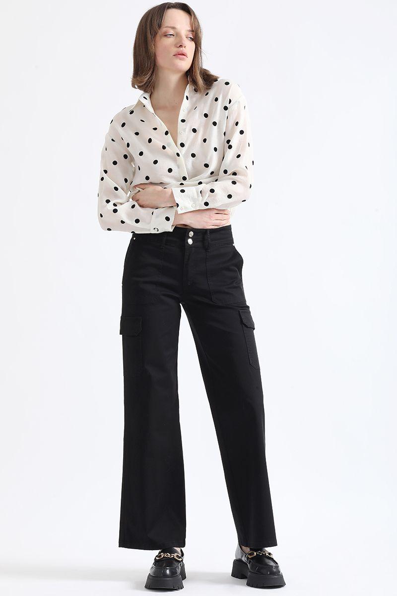 Pantalon Straight Cargo Fit, Tiro Medio, Negro Liola-5