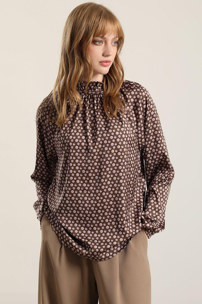 Blusa Satinada Estampado Puntos, Café Liola-0